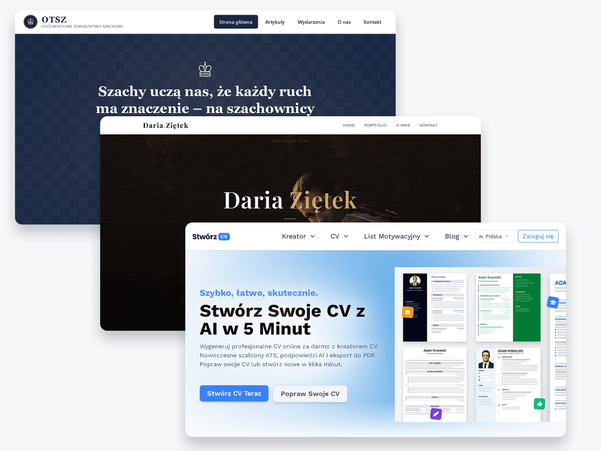 Zrzuty trzech zrealizowanych stron: Ogólnopolskiego Towarzystwa Szachowego, portfolio modelki Darii Ziętek oraz kreatora CV StwórzCV