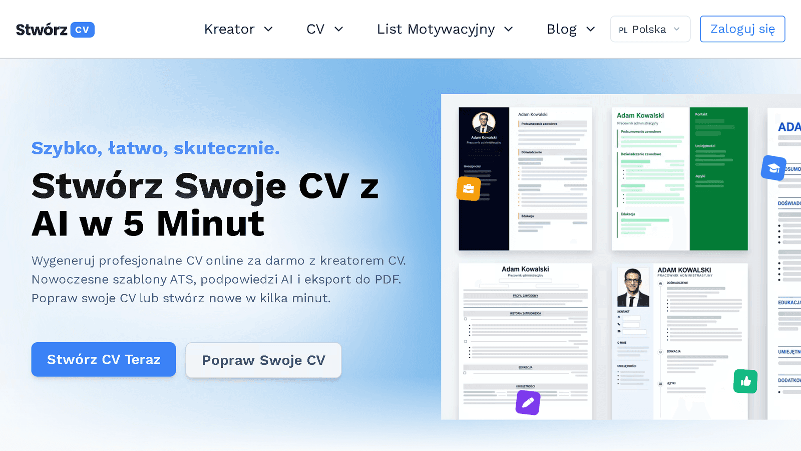Strona główna StwórzCV — kreator CV online z szablonami ATS